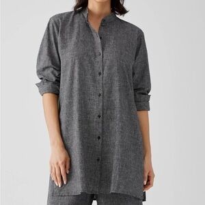 Eileen Fisher Charcoal Gray Button-Front Tunic Blouse
